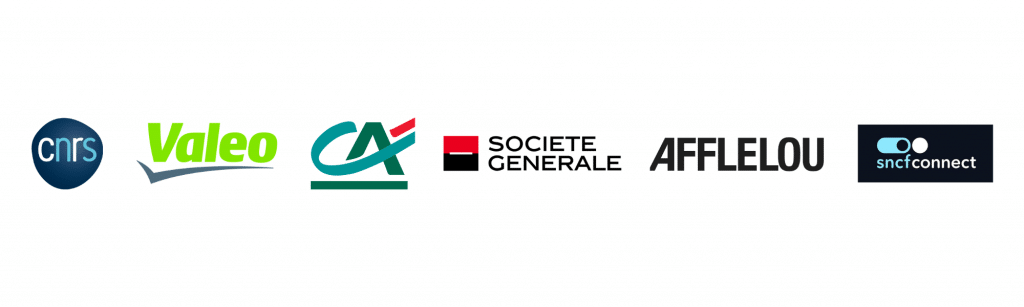 Logos des entreprises CNRS, Valeo, Crédit Agricole, Société Générale, Afflelou et SNCF Connect.